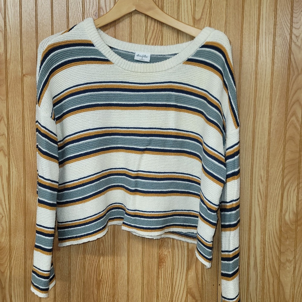 Boho Earthy Retro Striped Knit Cropped Sweater Cream Teal Mustard Medium